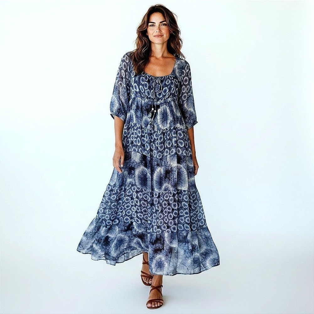 Michael Michael Kors Blue Silk Shibori Tie Dye Tiered Midi Dress Small Boho